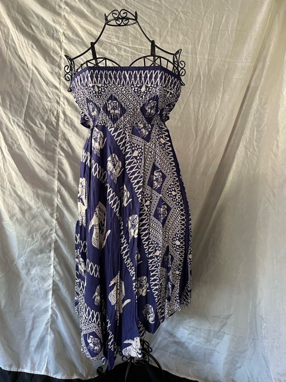 Boho Elephant Print High Low Strapless Dress Maxi Skirt Small